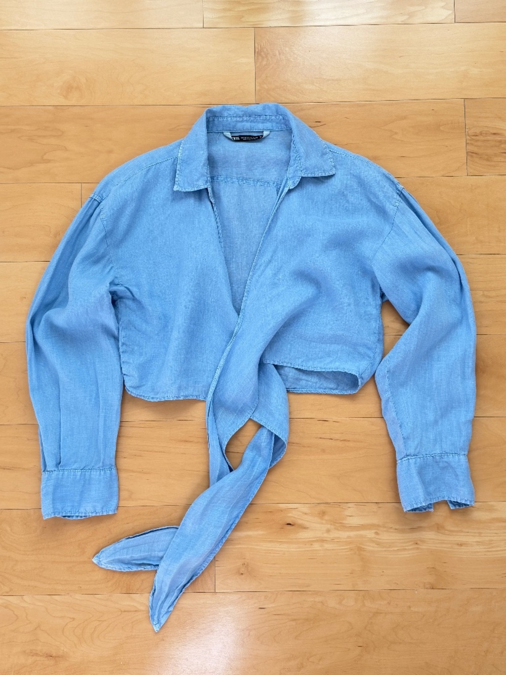 ZARA~100% Linen Light Blue Collared Cropped Top~Front Tie~Long Sleeves~Size XS - Picture 4 of 10